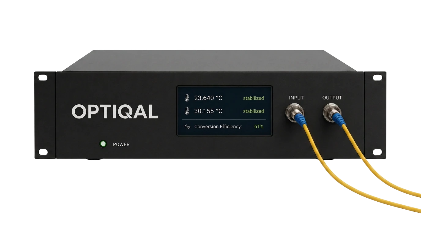 Optiqal quantum frequency converter — 19-inch rack unit with power indicator, live temperature and conversion-efficiency readout, and fiber input and output ports